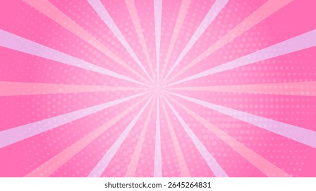 Retro rose pink sun rays on halftone bg. Pop art comic cartoon background. Vintage sunburst effect. Vector illustration. EPS 10.