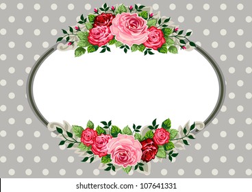 Retro roses oval frame and ornaments with space for your text or design on polka dot grey background