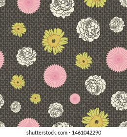 Retro roses and sunflowers seamless pattern with canvas textured background. Dark wildflowers and origami flowers print design. Vector