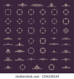 Retro rosette and victorian ornament for decoration text or logo. Classic wicker sign in huge dark crimson color. Motifs frame and ornate elements in vector set. Vintage royal scroll for decor menu