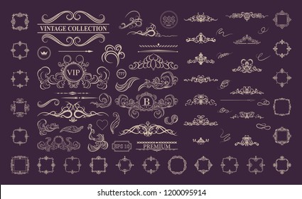 Retro rosette and victorian ornament for decoration text or logo. Classic wicker sign in huge dark crimson color. Motifs frame and ornate elements in vector set. Vintage royal scroll for decor menu