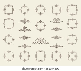 Retro rosette and victorian ornament for decoration text or design logo. Classic wicker sign in huge collection. Motifs frames and ornate elements in vector. Vintage royal scroll for decor menu. Label