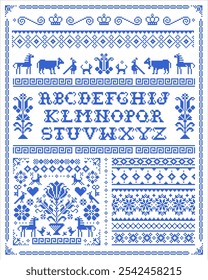 Retro ross stitch vector seamless patterns collection with alphabet, flowers and animals - pixelated ornament inspired by German and Austrian folk art. Non AI generated
