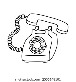 Retro Rotary Dial Telephone Line Art. Graphic device from the 80s and 90s.Vector design isolated on white background.Coloring page.Outline object for use in banner,card,poster.Black white illustration