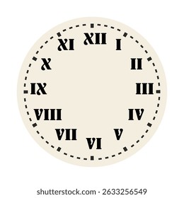 Retro round clock face. Vintage watch design. Elegant antique dial. Timer with numerals. Decorative carved arrows. Mechanical chronometer. Vector