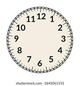 Retro round clock face. Vintage watch design. Elegant antique dial. Timer with numerals. Decorative carved arrows. Mechanical chronometer. Vector