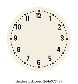 Retro round clock face. Vintage watch design. Elegant antique dial. Timer with numerals. Decorative carved arrows. Mechanical chronometer. Vector