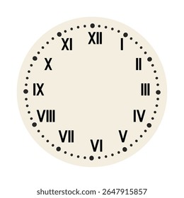 Retro round clock face. Vintage watch design. Elegant antique dial. Timer with numerals. Decorative carved arrows. Mechanical chronometer. Vector
