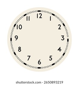 Retro round clock face. Vintage watch design. Elegant antique dial. Timer with numerals. Decorative carved arrows. Mechanical chronometer. Vector