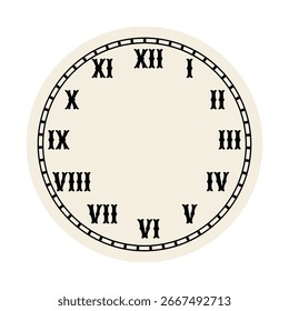 Retro face relógio redondo. Design de relógio vintage. Mostrador antigo elegante. Temporizador com numerais. Setas esculpidas decorativas. Cronômetro mecânico. Vetor