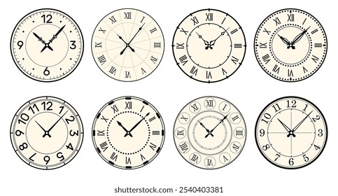 Retro round clock faces. Vintage watch design. Elegant antique dials. Timer with Roman or Arabic numerals. Decorative carved arrows. Mechanical chronometer. Vector