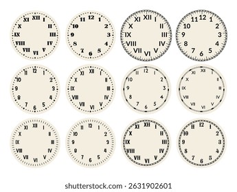 Retro round clock faces. Vintage watch design. Elegant antique dials. Timer with Roman or Arabic numerals. Decorative carved arrows. Mechanical chronometer. Vector