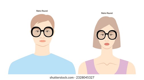 Gafas de marco redondeadas retro sobre la ilustración de accesorios de moda de carácter plano para mujeres y hombres. Vista frontal de vidrio solar estilo de silueta unisex, anteojos de gafas de gafas, contorno de estilo de boceto aislado en blanco