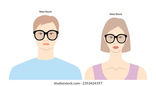 Gafas de marco redondeadas retro sobre la ilustración de accesorios de moda de carácter plano para mujeres y hombres. Vista frontal de vidrio solar estilo de silueta unisex, anteojos de gafas de lente, contorno de estilo de lente aislado en blanco