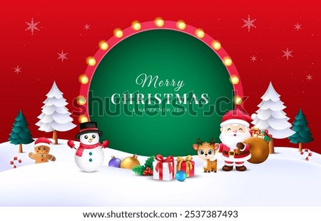 Retro round light bulb Christmas background with 3d santa, snowman, ginger bread, reindeer in red background. Vector template for greeting cards, promotional banner.