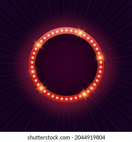 Retro round marquee billboard with electric light lamps, glowing frame, against the background of rays.