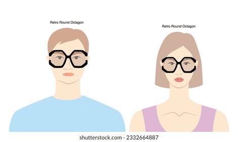 Gafas de marco de Octagon Retro redonda sobre la ilustración de accesorios de moda de carácter plano para mujeres y hombres. Vista frontal de vidrio solar estilo de silueta unisex, anteojos de gafas de gafas, contorno de estilo de boceto aislado