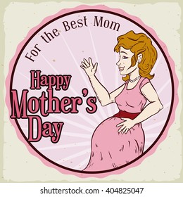 Retro rounded design with a happy pregnant woman to celebrate Mother's Day.