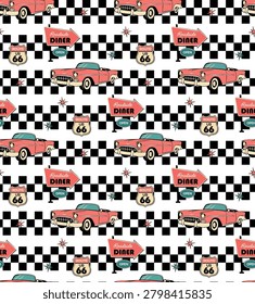 Retro Route 66 Checkerboard Seamless Pattern with Classic Cars and Diner Signs