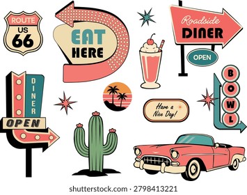 Retro Route 66 Road Trip Collection with Vintage Diner Signs, Cactus and Classic Car