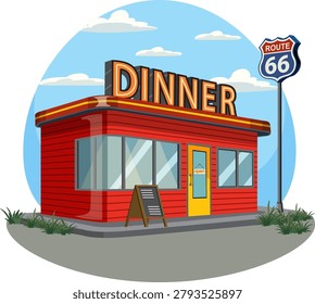 Retro Route 66 roadside diner with neon signs and large windows under blue sky.