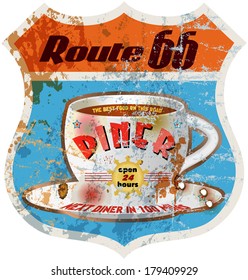 Ruta retro Signo de sesenta y seis comensales, desgastado y desgastado,