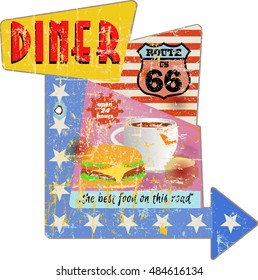 Retro route sixty six diner sign, vector illustration