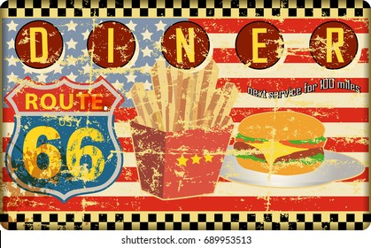 retro route sixty six diner sign, grungy style, vector illustration