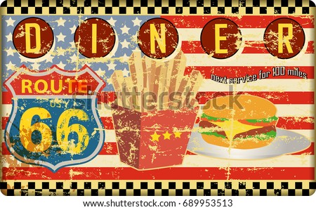 retro route sixty six diner sign, grungy style, vector illustration