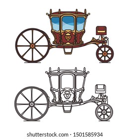 Retro royal chariot or vintage carriage for wedding, Berlinda Da Casa Real or old victorian transport, contour of medieval wagon. Brougham or britzchka, perth-cart icon. Victorian cab or stagecoach