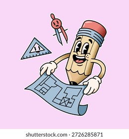 Arquiteto de mangueira de borracha retrô personagem segurando o projeto e ferramentas de desenho Ilustração