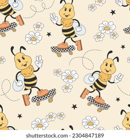 Retro rubber hose cartoon bee character on skate board vector seamless pattern. Summer honey lover background. Bee aesthetic surface design