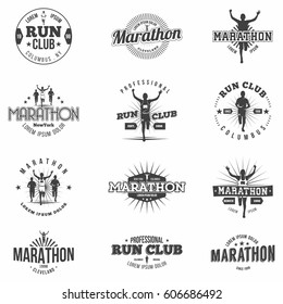 Retro run club badges and marathon badges or design elements. Monochrome. Vintage style. Isolated. Vector.