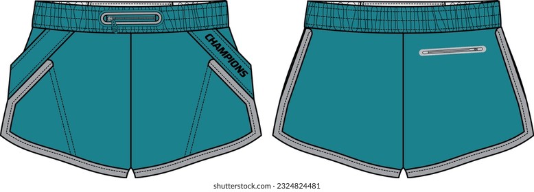 Retro Running trail Shorts jersey design flat sketch Illustration, Athletic Short shorts concept with front and back view for tracking active wear shorts design.