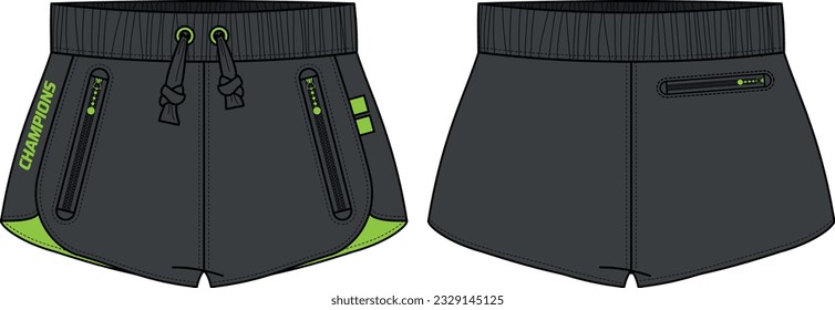 Retro Running Trail Shorts Jersey Design flache Sketch Illustration, Athletic Short Short Kurzkonzepte mit Front- und Backview für die Verfolgung von aktiven Verschleißshorts Design.