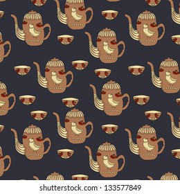 Retro russian tea seamless pattern, tea background, texture with cups,drink and kettle.