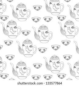 Retro russian tea seamless pattern, tea background, texture with cups,drink and kettle.