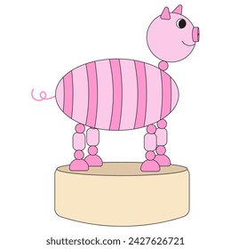 Retro Russian toy. Push and Shake Pink Pig. Cartoon Geometric Pig isolated white background. Vector illustration can used t-shirt print. EPS 10 Editable stroke.