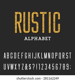 Retro Rustic Alphabet Vector Font.
Type Letters, Numbers And Punctuation Marks. Distressed Vintage Design Vector Font.