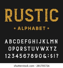 Retro Rustic Alphabet Vector Font.
Type Letters, Numbers And Punctuation Marks.
Distressed Rustic Vintage Design Vector Font.