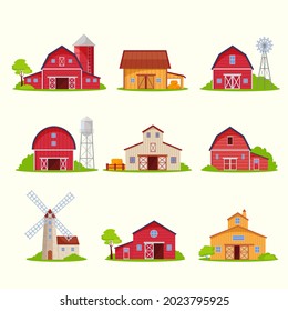 Retro rustic houses and barns set. Windmills for grinding crops red wooden buildings for housing grain storage rural architecture farming mill generating electricity. Natural cartoon vector.