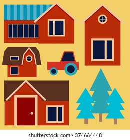 Retro rustic red houses in flat style