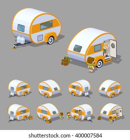 Retro RV camper. 3D lowpoly isometric vector illustration. The set of objects isolated against the grey background and shown from different sides