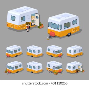 Retro RV camper. 3D lowpoly isometric vector illustration. The set of objects isolated against the grey background and shown from different sides
