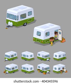 Retro RV camper. 3D lowpoly isometric vector illustration. The set of objects isolated against the grey background and shown from different sides