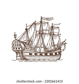 Retro sailing boat with canvas. Brigantine on sea isolated sketch icon. Vector marine galeon, retro transportation ship, caravel old frigate vessel