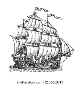 Retro sailing ship sailing on waves. Hand drawn vector sketch. Nautical retro water transport in vintage engraving style