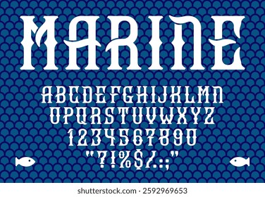 Retro sailor font, whiskey label typeface, nautical english alphabet, marine type vector typography. Vintage serif font letters and numbers at sea fish scale pattern background. Sailor tattoo abc set