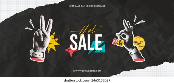 Retro sale banner with halftone collage hand gestures and abstract grunge shape elements. Torn notebook paper scraps. Vector design concept of UI and UX website.