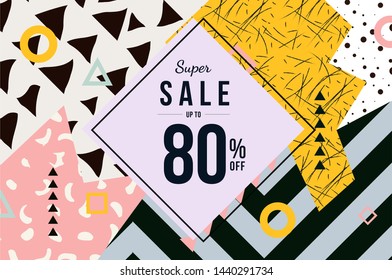 Retro sale banner with memphis pattern vector design. Abstract promo poster 80s style design.